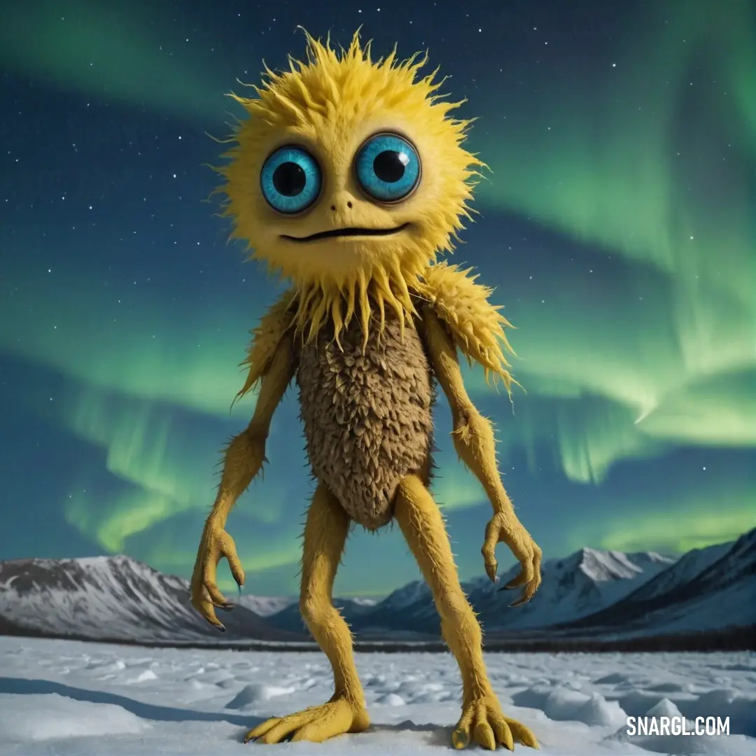 A whimsical cartoon character with oversized eyes, joyfully standing amid soft snow beneath a magnificent aurora-lit sky, celebrating the wonders of winter.