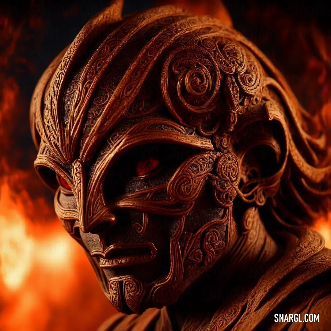 Close up of a statue of a person wearing a mask and a fire background. Color #8F3B21.
