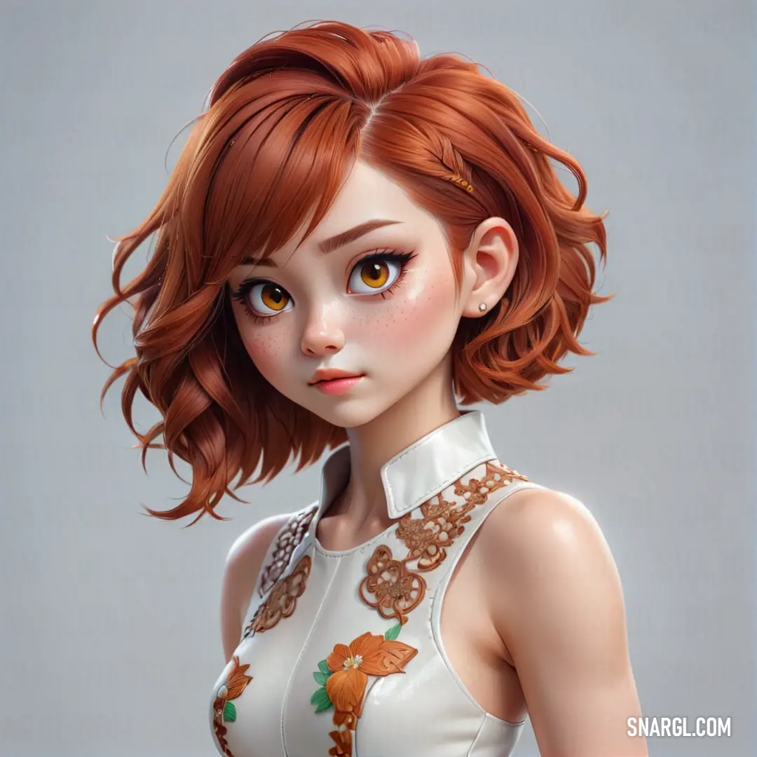 PANTONE 7526 color example: Digital painting of a woman with red hair and a white dress with a flower on it's collar