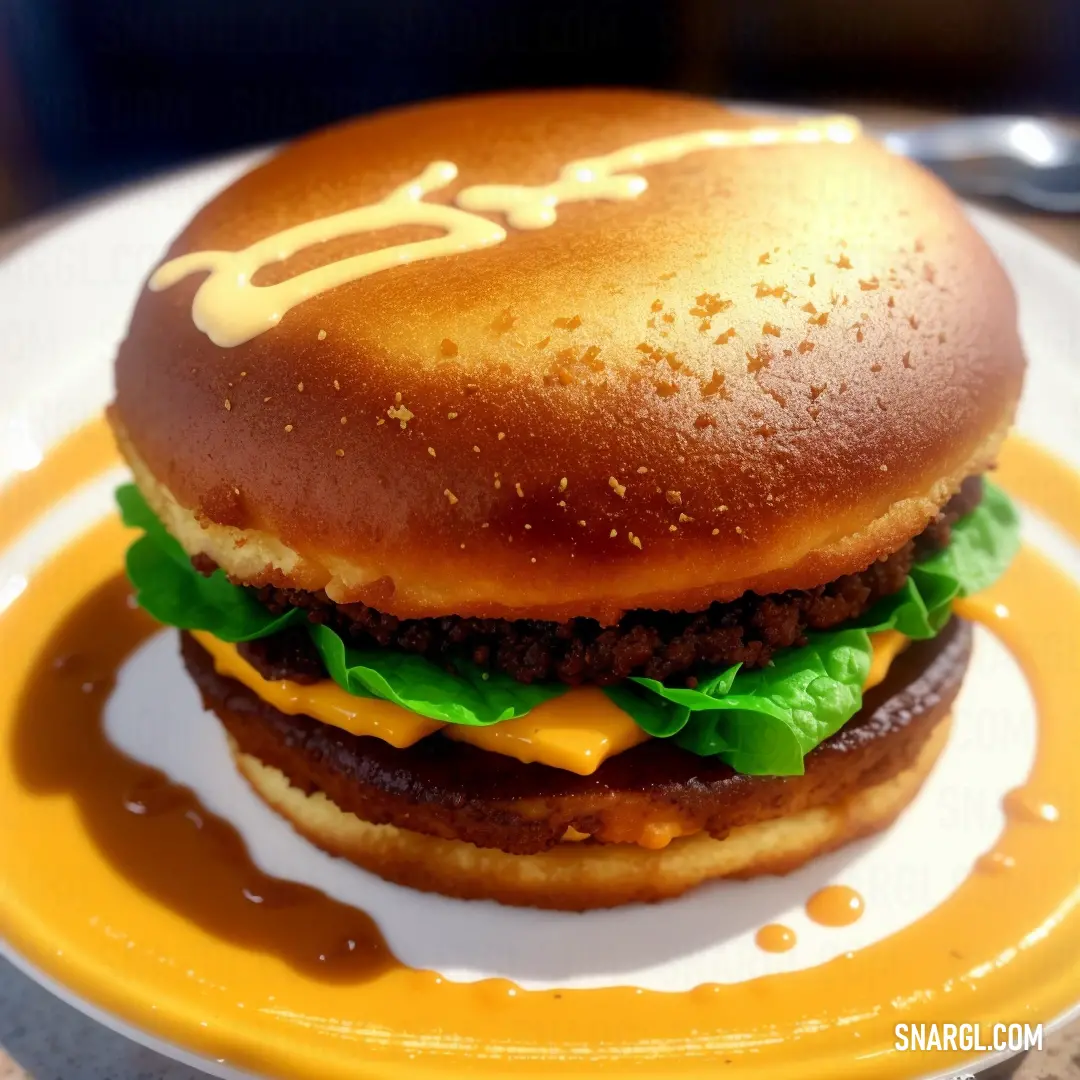 Hamburger with cheese and lettuce on a plate with sauce on it and a fork in the background. Example of #8F3B21 color.