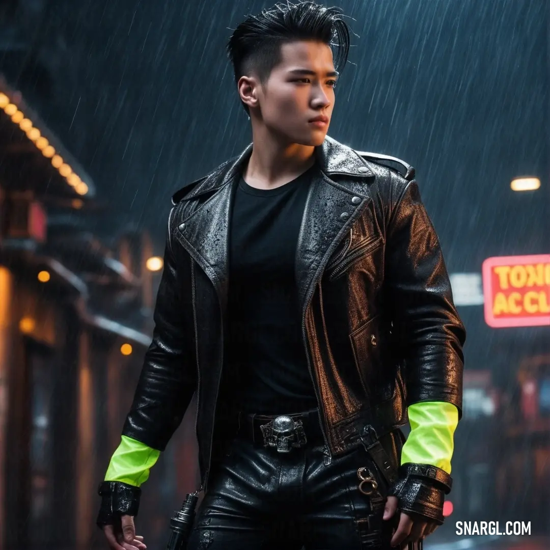 A mysterious man dons a sleek leather jacket and neon gloves, standing under the rain-drenched glow of city lights at night. The interplay of darkness and vibrant colors creates an atmosphere full of intrigue and modernity.