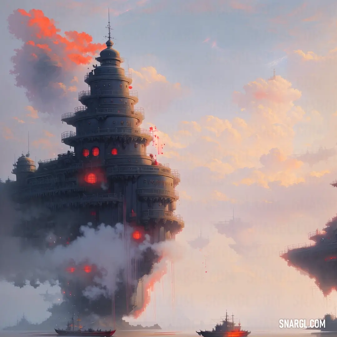 A dramatic painting of a towering structure, with thick smoke billowing from its top. The bold contrast of light and shadow enhances the intensity of the scene, making it both powerful and haunting. The smoke swirls in dynamic motion, adding to the tensio