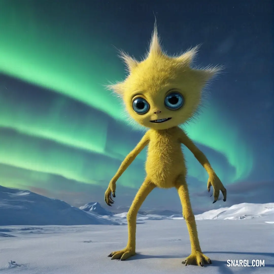 A lively cartoon character stands against the chill of a snowy landscape, brightened by the vibrant aurora light swirling in the night sky. The vivid PANTONE 7526 color accentuates the joyful essence of this animated figure against nature's grand canvas.