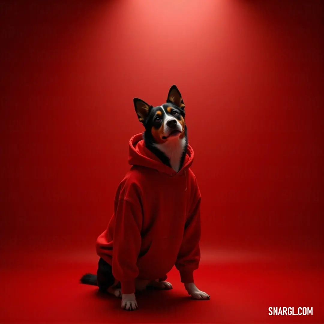 A playful dog dons a cozy red hoodie, standing against a matching red backdrop that perfectly complements its whimsical expression and vibrant attire.