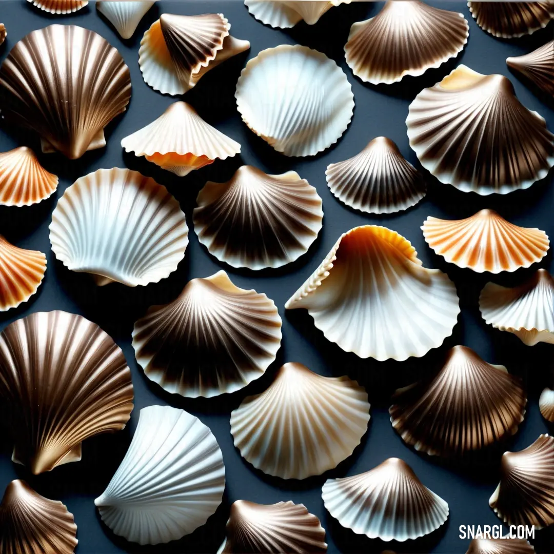 A stunning arrangement of seashells artfully placed on a sleek black surface, with a contrasting white border framing the scene. The intricate details and textures of each shell create a striking visual display.