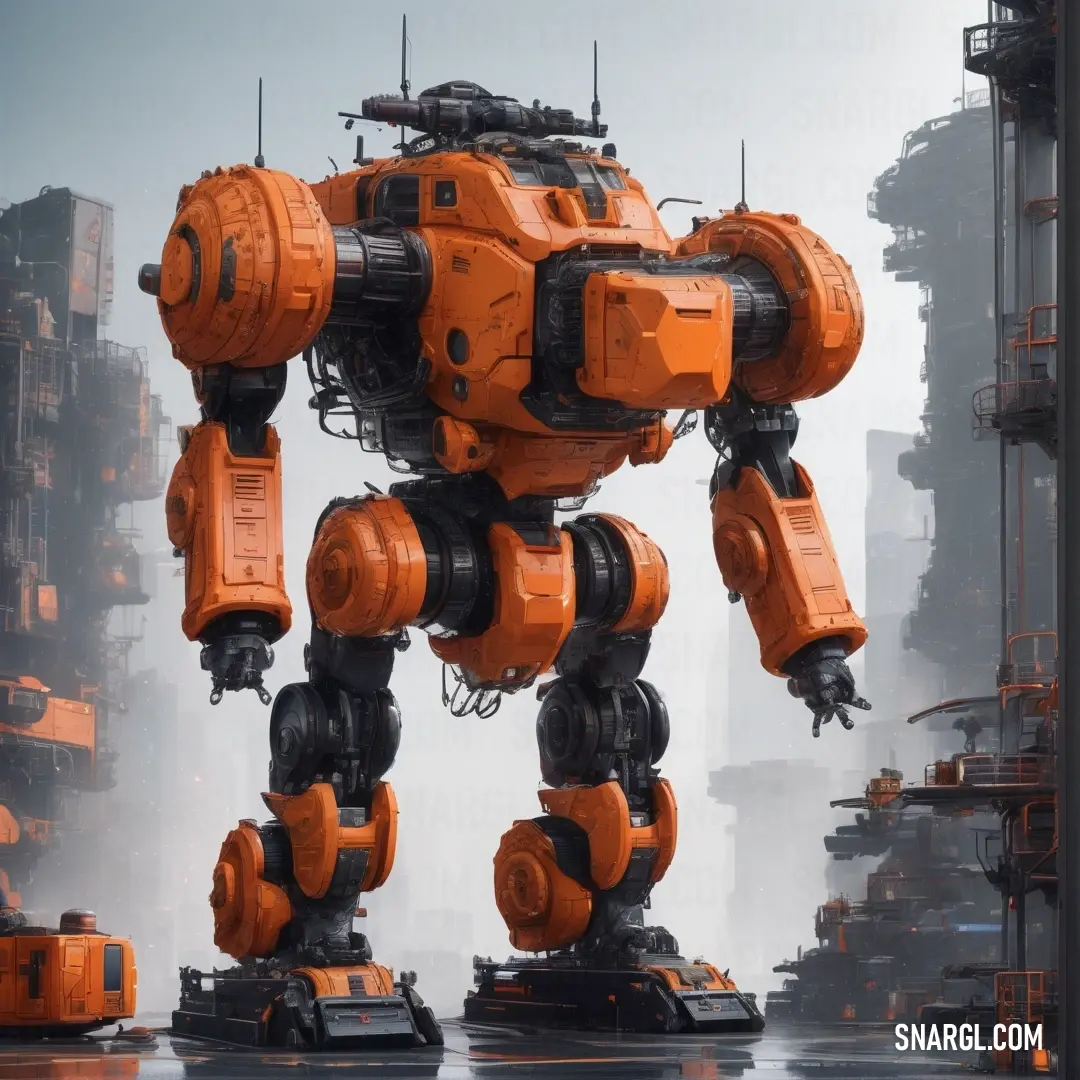 Large robot standing in front of a city skyline with lots of orange parts on it's legs. Color PANTONE 7526.