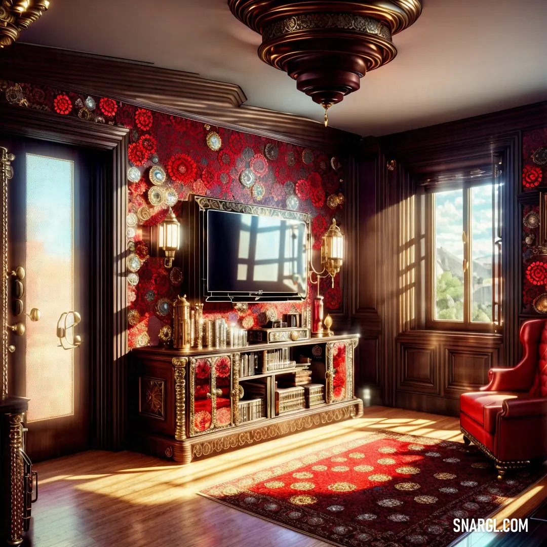 A cozy living room with a bold red chair as its centerpiece. The TV on a stand rests in the corner, with soft lighting creating a welcoming and homey atmosphere. The warm hues of the room make it a perfect spot to relax and unwind.