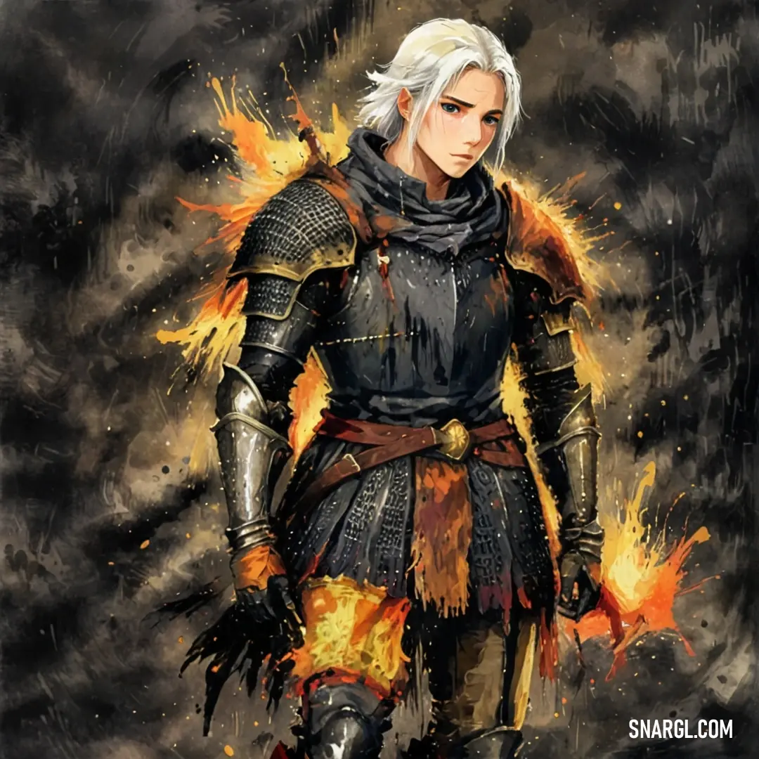 A powerful painting portrays a man in armor, embodying strength and bravery, with flames erupting from his chest. This dynamic imagery captures his defiant stance, ready to face any challenge that comes his way.