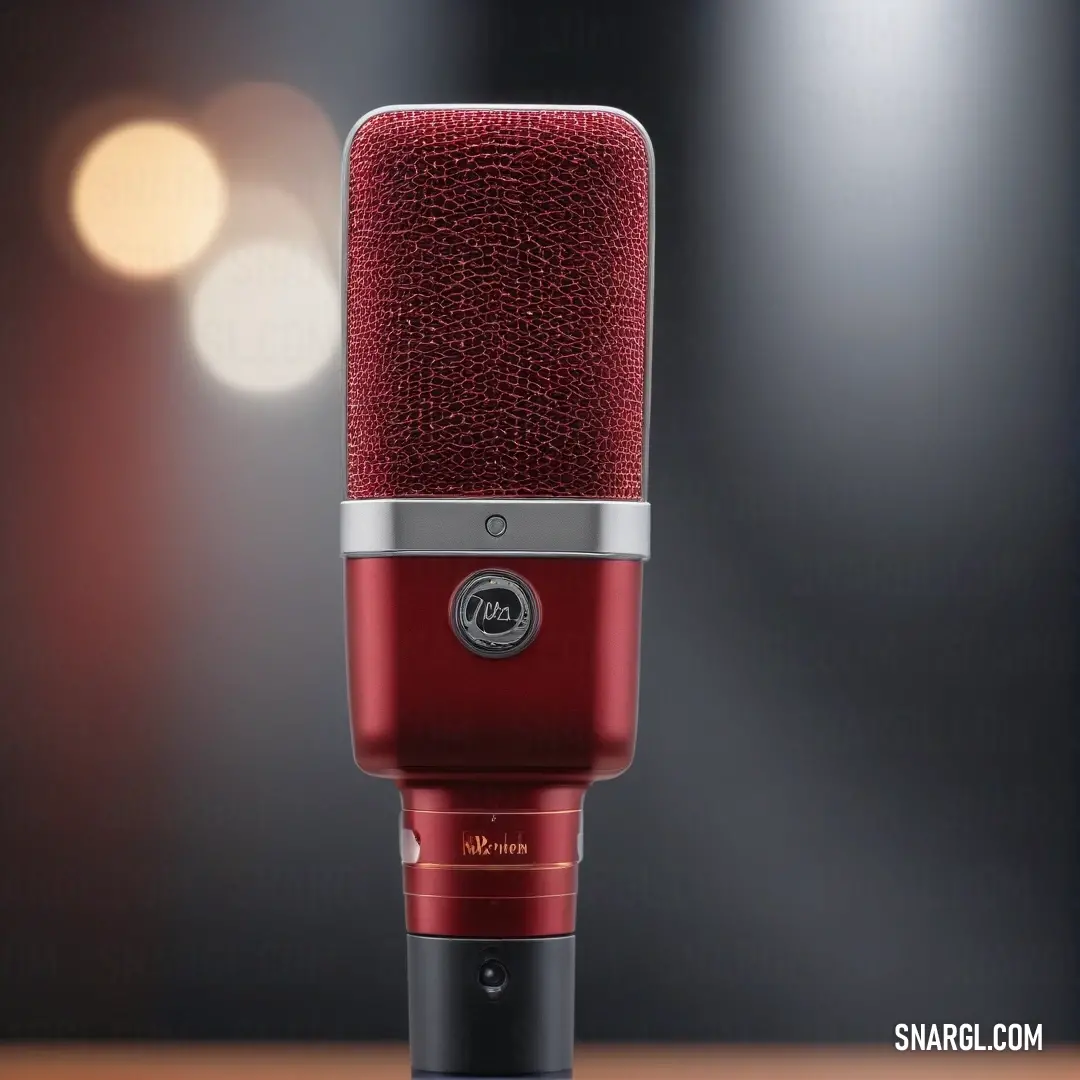 A striking red microphone perched elegantly on a rustic wooden table, illuminated by a dramatic spotlight that casts a warm glow, inviting creativity and inspiration.