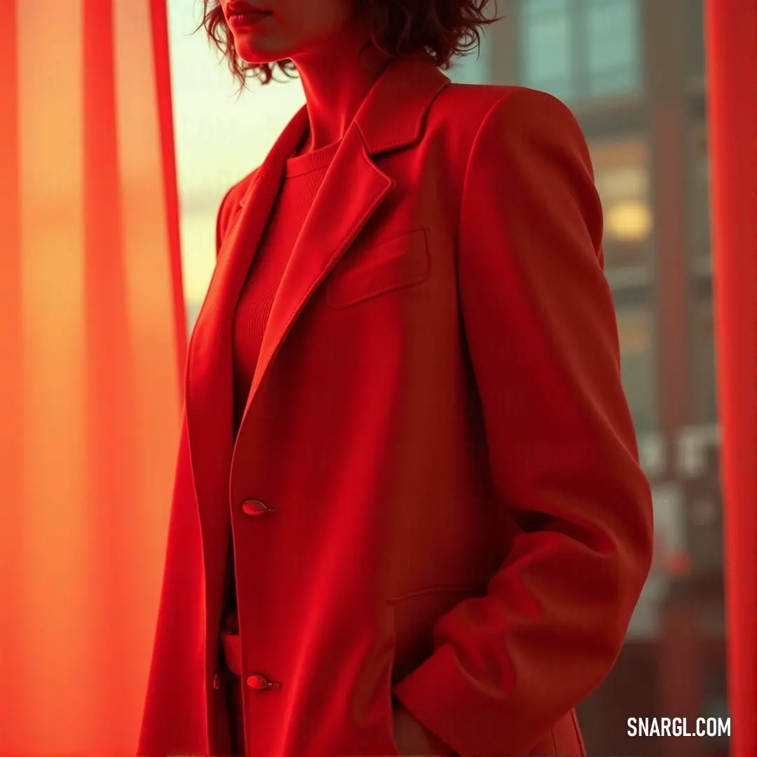 A striking woman in a fiery red coat stands poised by a window, the red curtains framing her presence, creating an atmosphere of warmth and intensity.