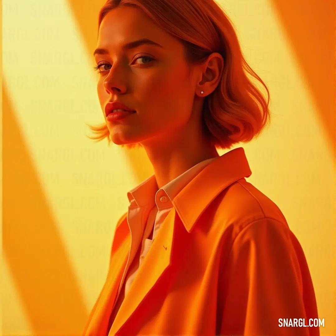 An engaging woman shines in a bright orange shirt, her earrings catching the light, against a warm yellow background that enhances her inviting and cheerful appearance.