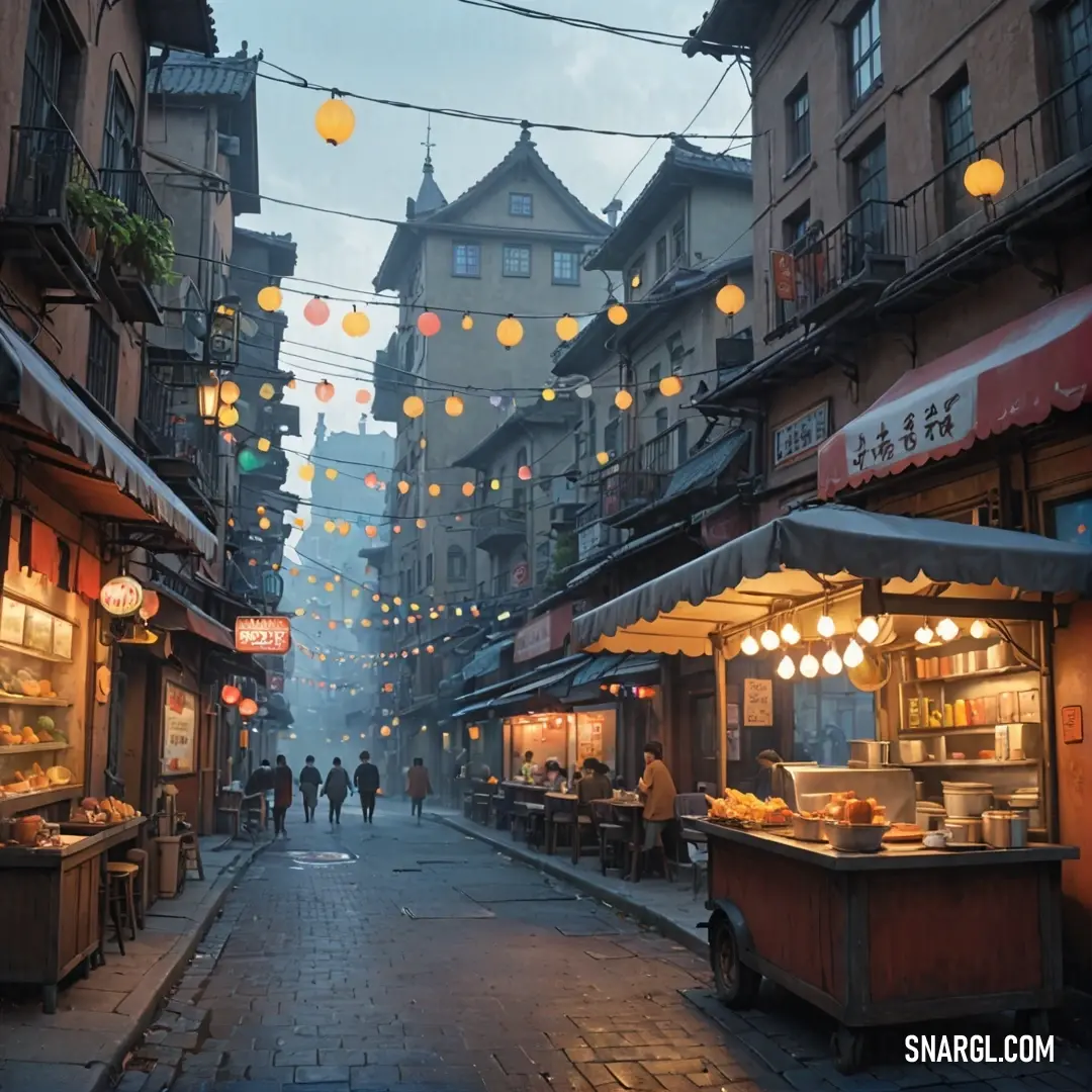 A bustling street scene brimming with life features groups of people strolling under enchanting lights, their joy palpable, framed by buildings that radiate the vibrant hues of PANTONE 7526.