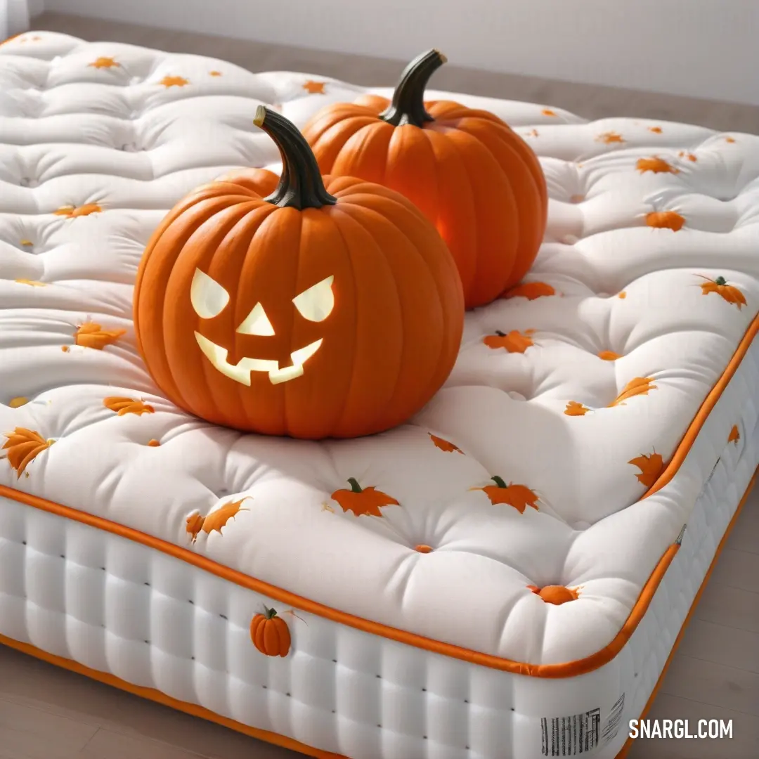 A playful scene showcasing two vibrant pumpkins perched on a mattress, framed by a simple wall background. The rich colors of the pumpkins contrast beautifully with the softness of the mattress, creating a whimsical atmosphere perfect for autumn.