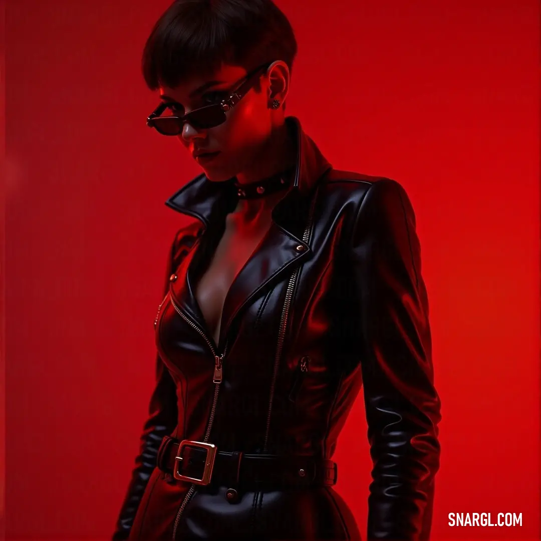 A striking woman dressed in a black leather ensemble and glamorous sunglasses stands boldly against a vivid red backdrop, making a powerful fashion statement.