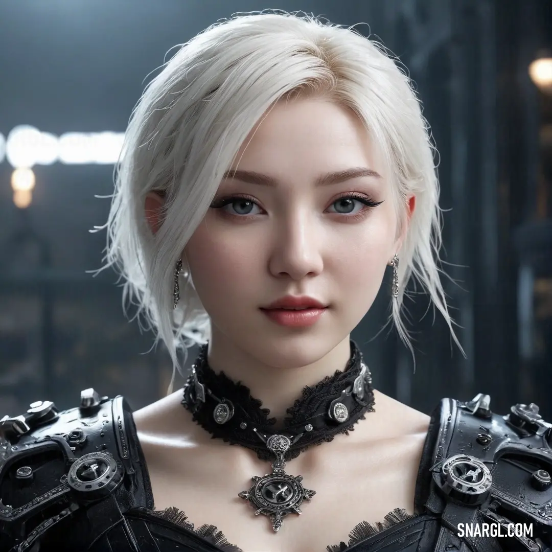 A beautiful woman with flowing blonde hair wears an elegant black dress, accessorized with a striking necklace adorned with silver beads and a shimmering cross. Her ethereal presence radiates sophistication and grace.