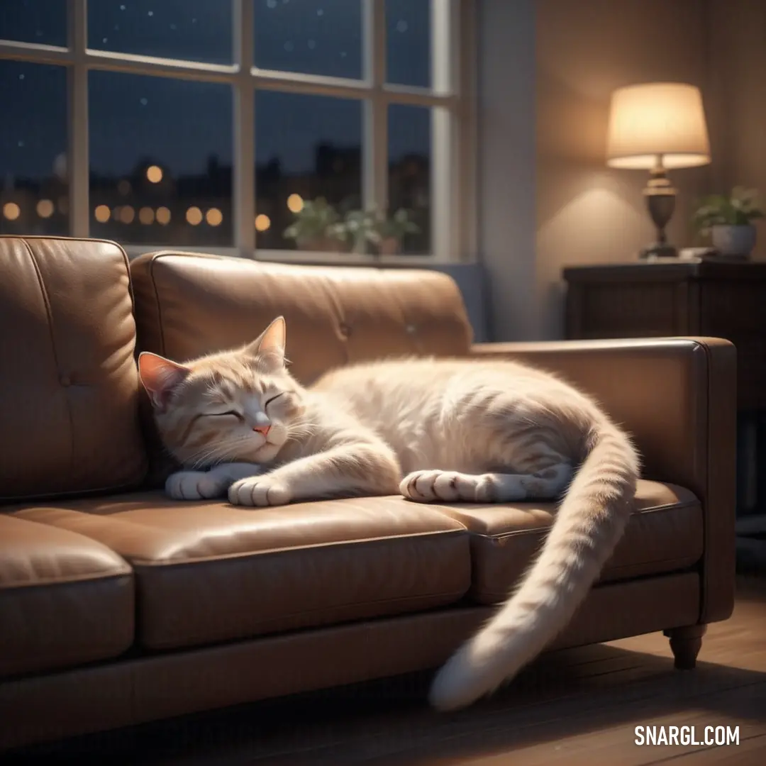 Cat laying on a couch in a living room with a window in the background. Example of #AD9F8A color.