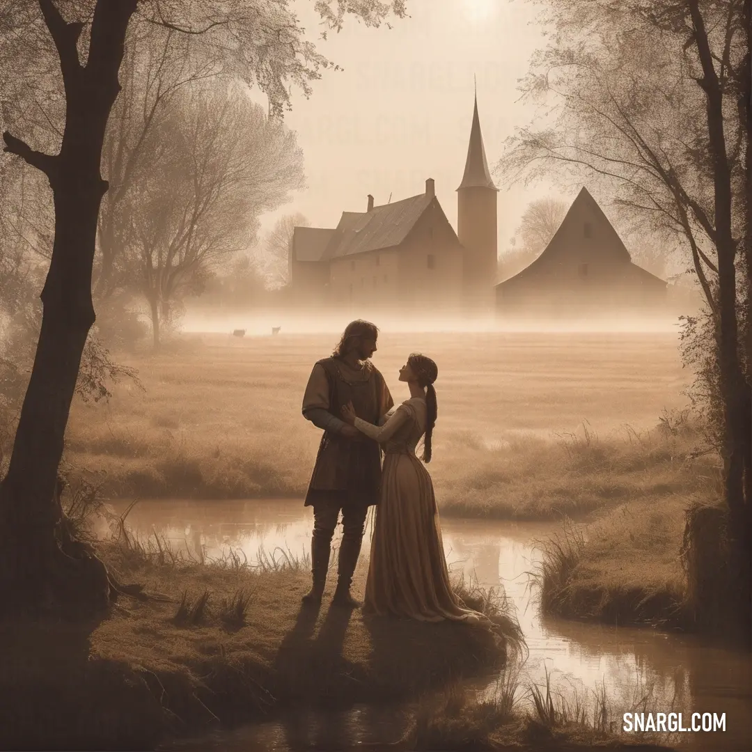 Man and woman standing in a field next to a river in front of a church and a foggy sky. Example of #AD9F8A color.