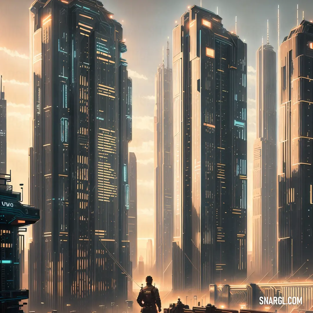 Man standing in front of a city with tall buildings in the background. Color #AD9F8A.