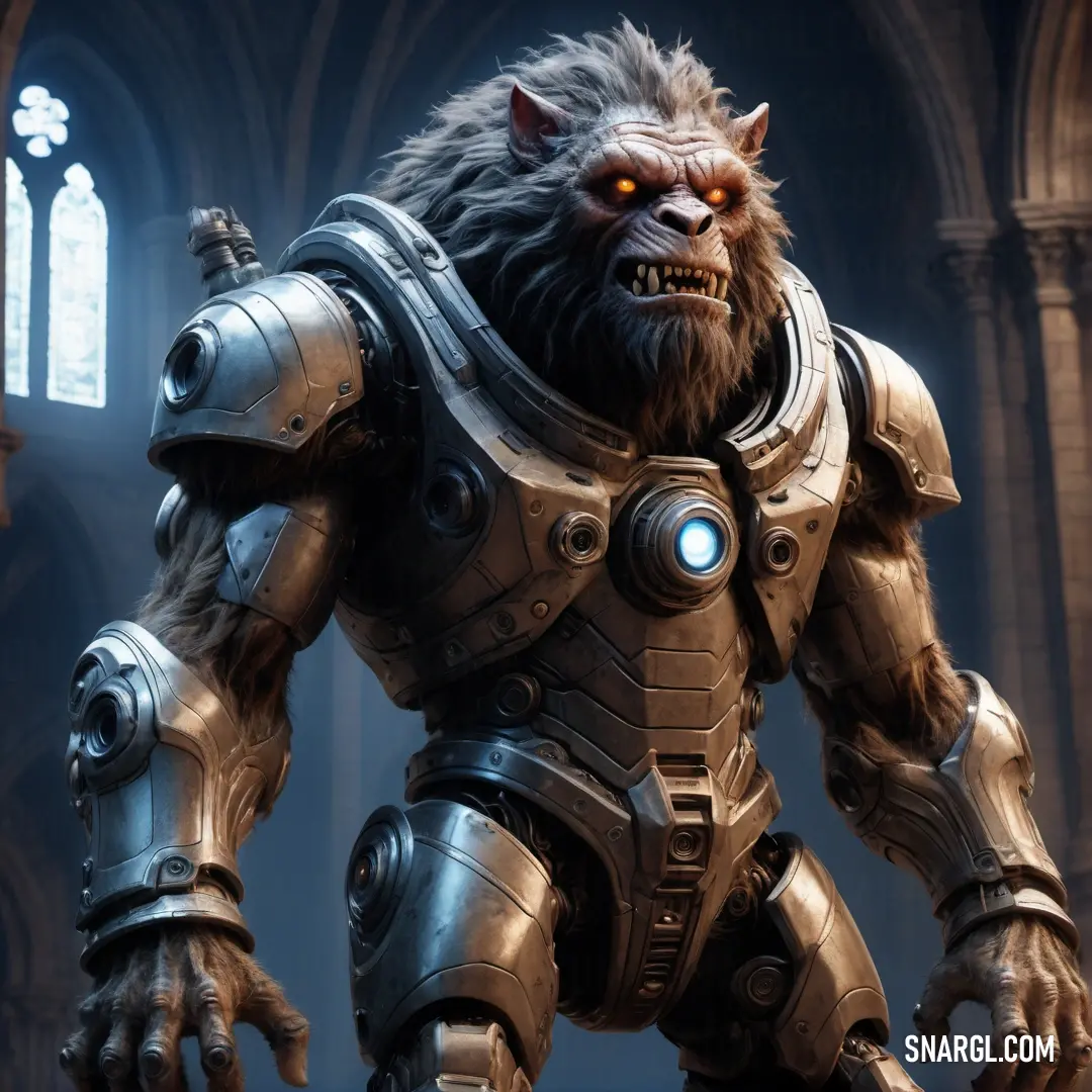 Character from the video game warcraft is shown in a screenshot of a demon like creature with glowing eyes. Color PANTONE 7531.