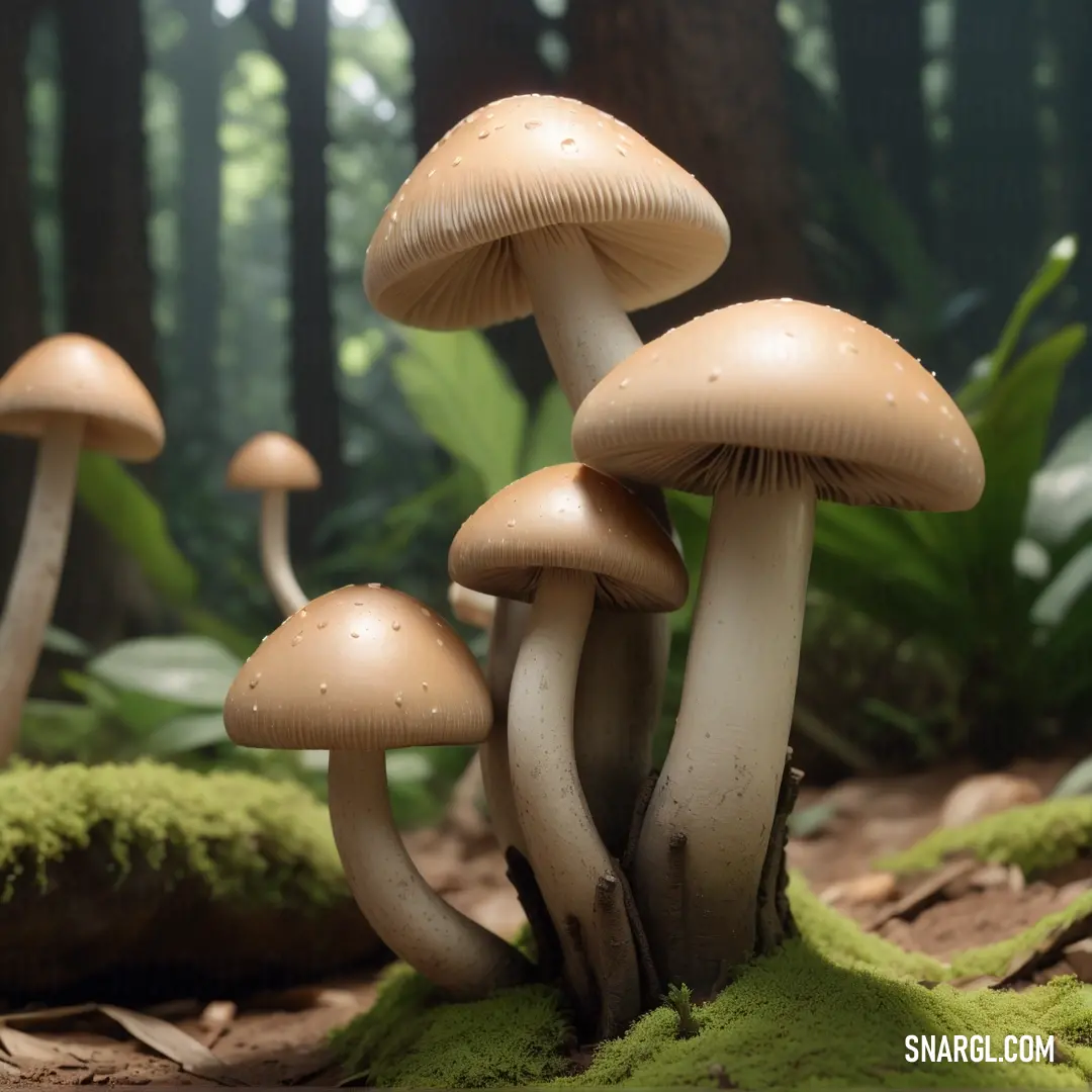 PANTONE 7531 color. Group of mushrooms on top of a forest floor covered in green mossy grass and dirt