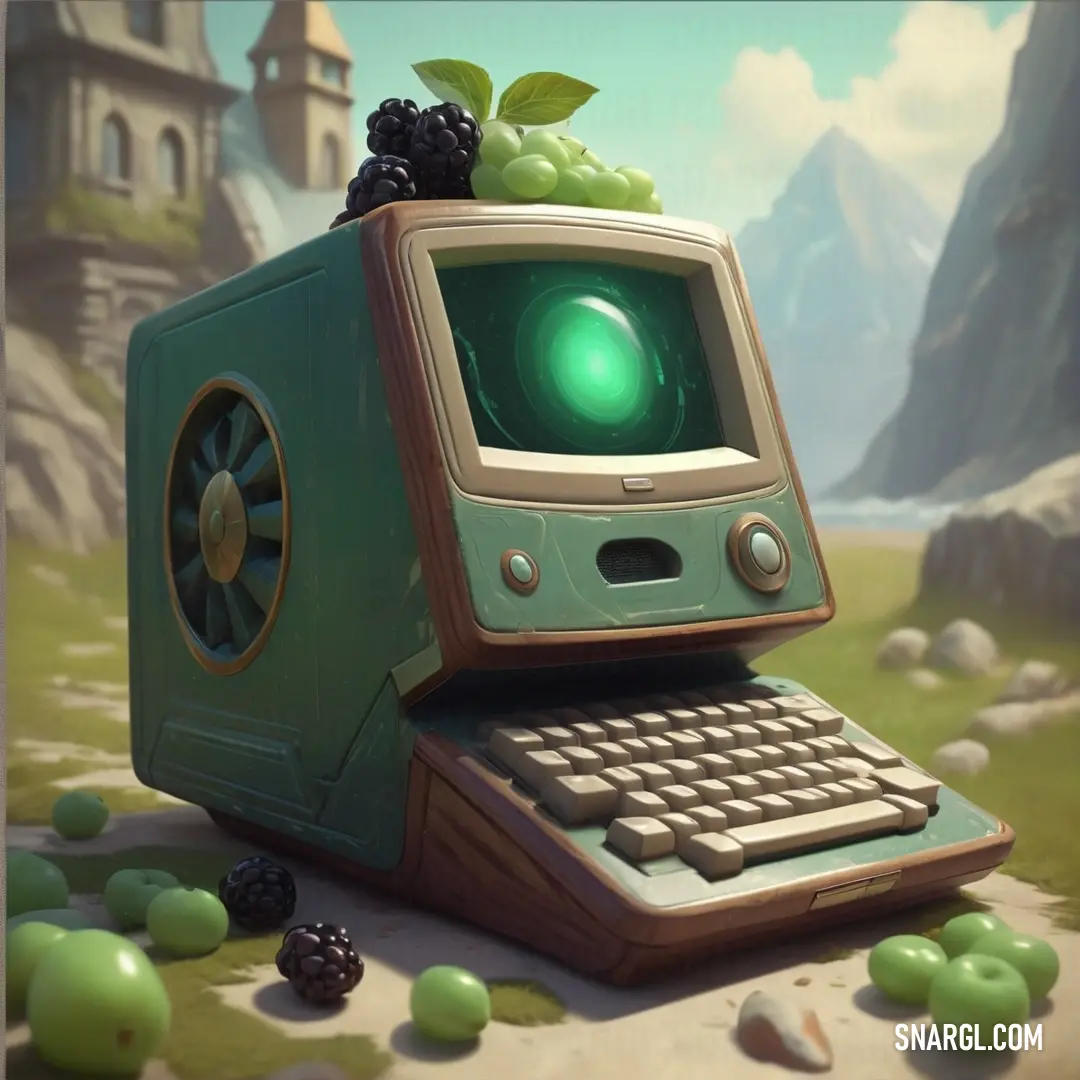 Computer with a green screen and a keyboard on it's side. Color PANTONE 7533.