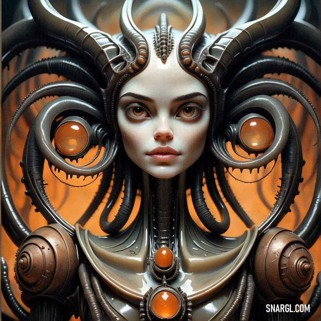 Woman with horns and a strange face is surrounded by mechanical art pieces and circles of orange and black. Color RGB 73,59,41.