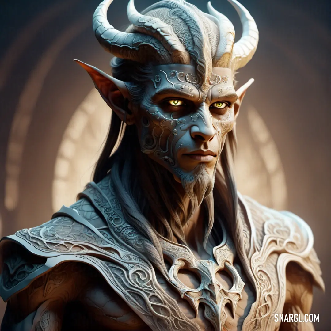 Close up of a person wearing a horned head and a horned face with horns. Example of #D8D3BF color.