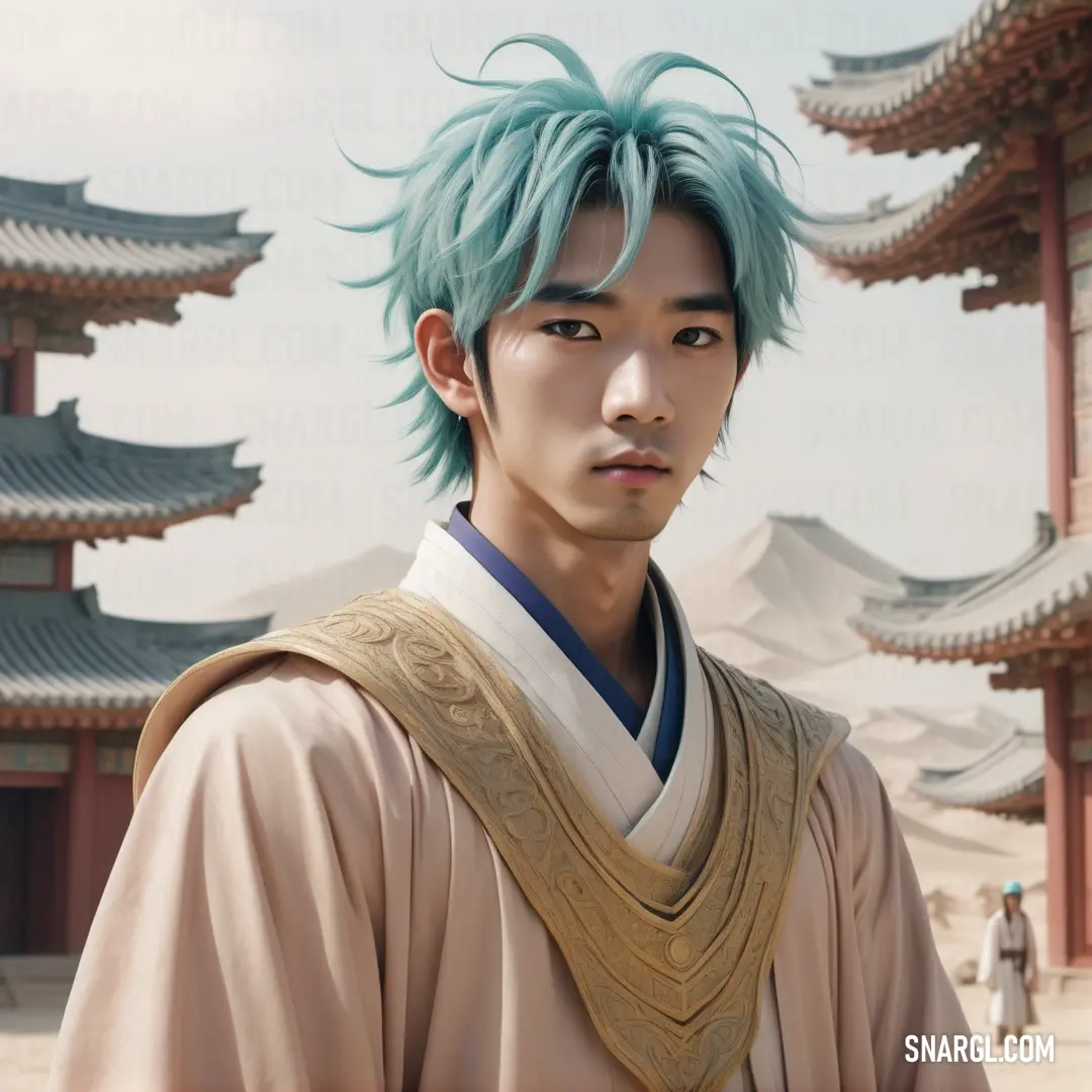 Man with blue hair and a blue wig standing in front of a building with pagodas in the background. Example of #BEB7A0 color.