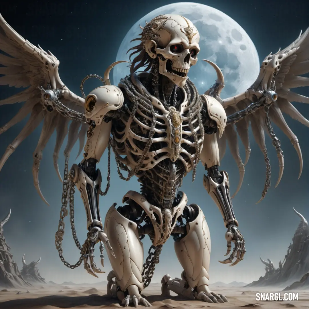 Skeleton with wings and chains on a desert landscape with a full moon in the background