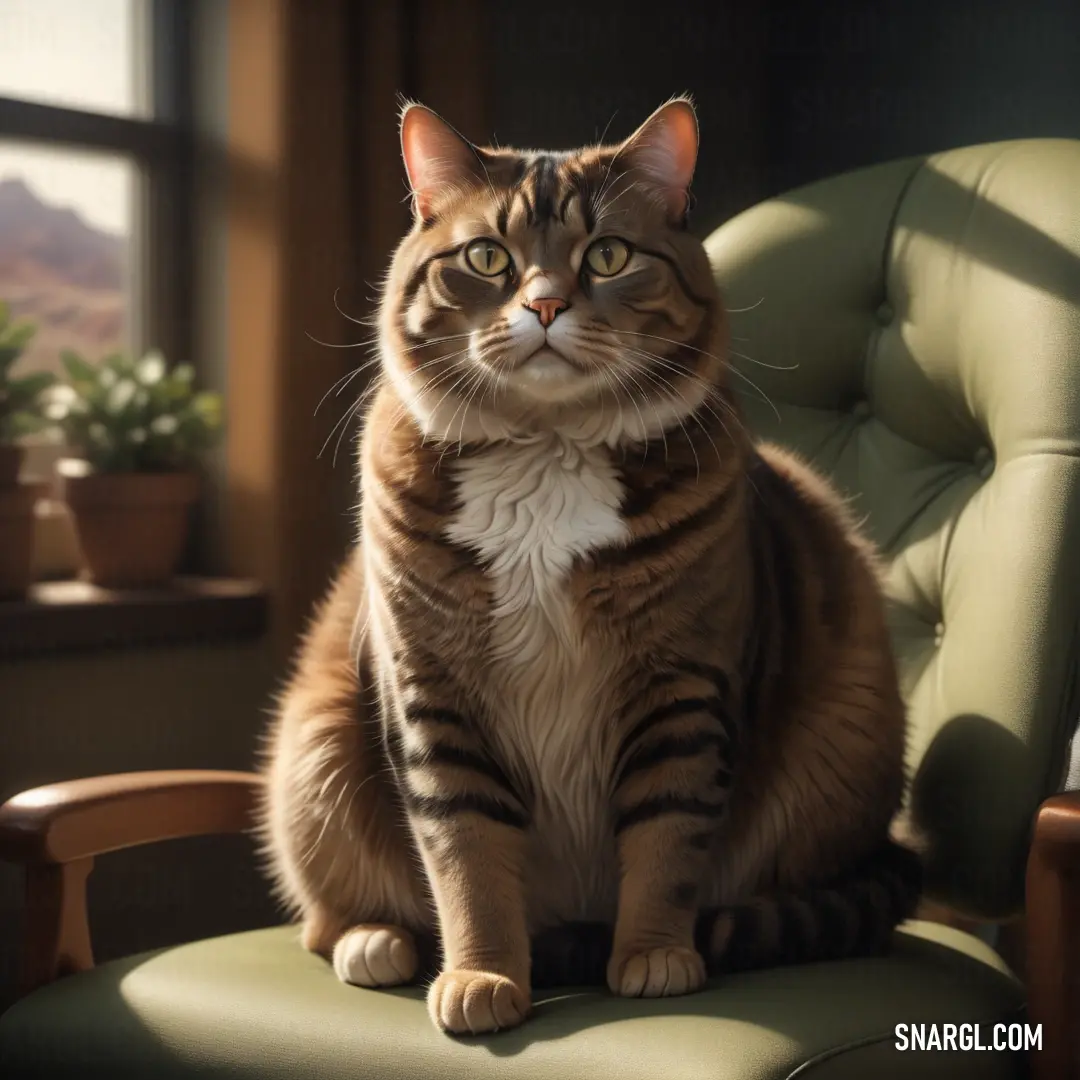 Cat on a green chair in a room with a window and potted plants in the background. Color CMYK 11,13,30,32.