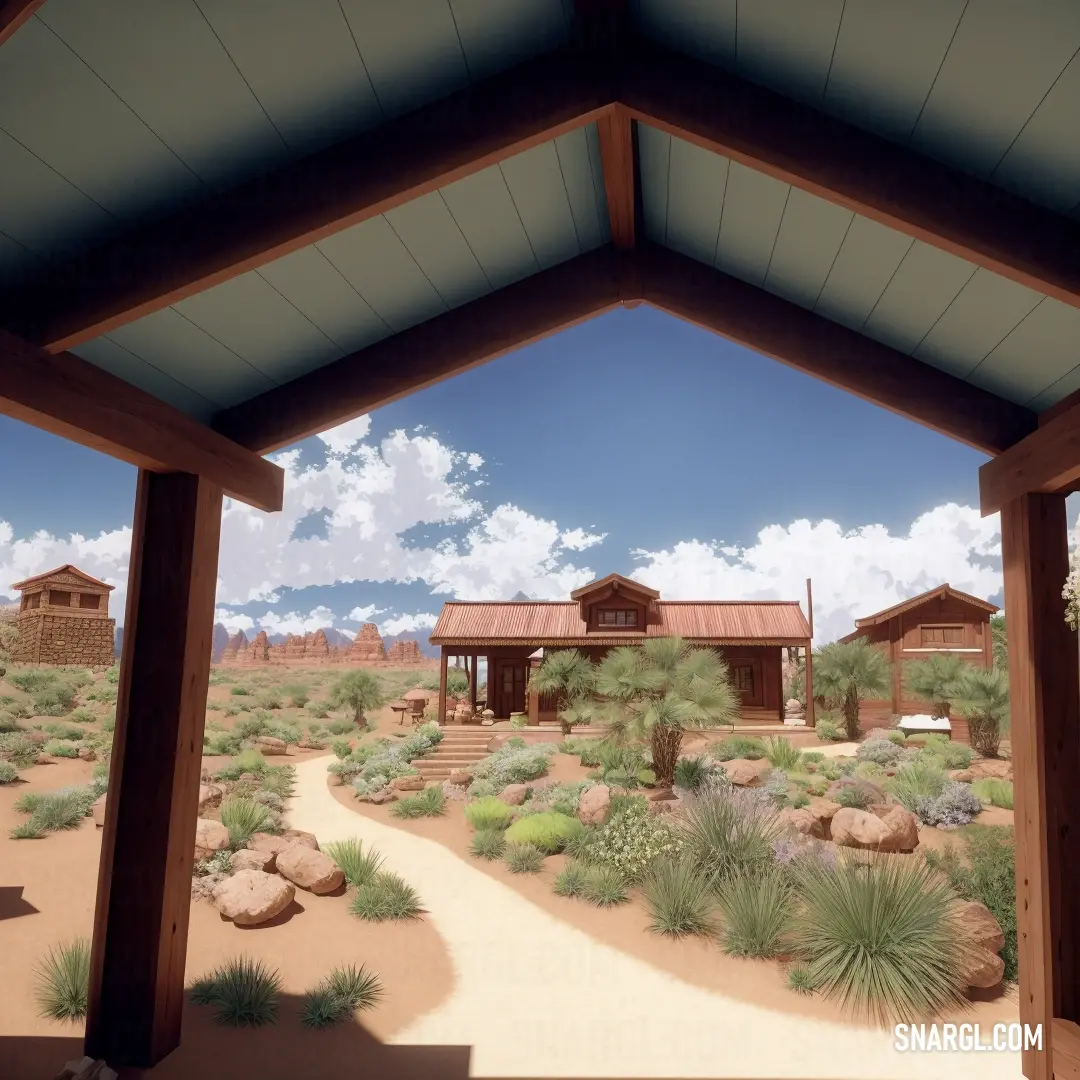 House in the desert with a dirt path leading to it. Color PANTONE 7536.