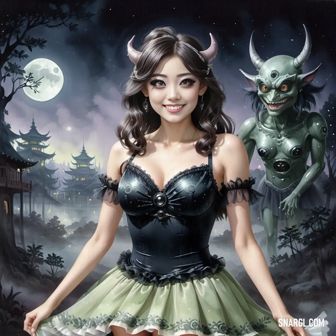 Woman in a dress standing in front of a demon and demon statue with a full moon in the background. Color RGB 171,177,161.
