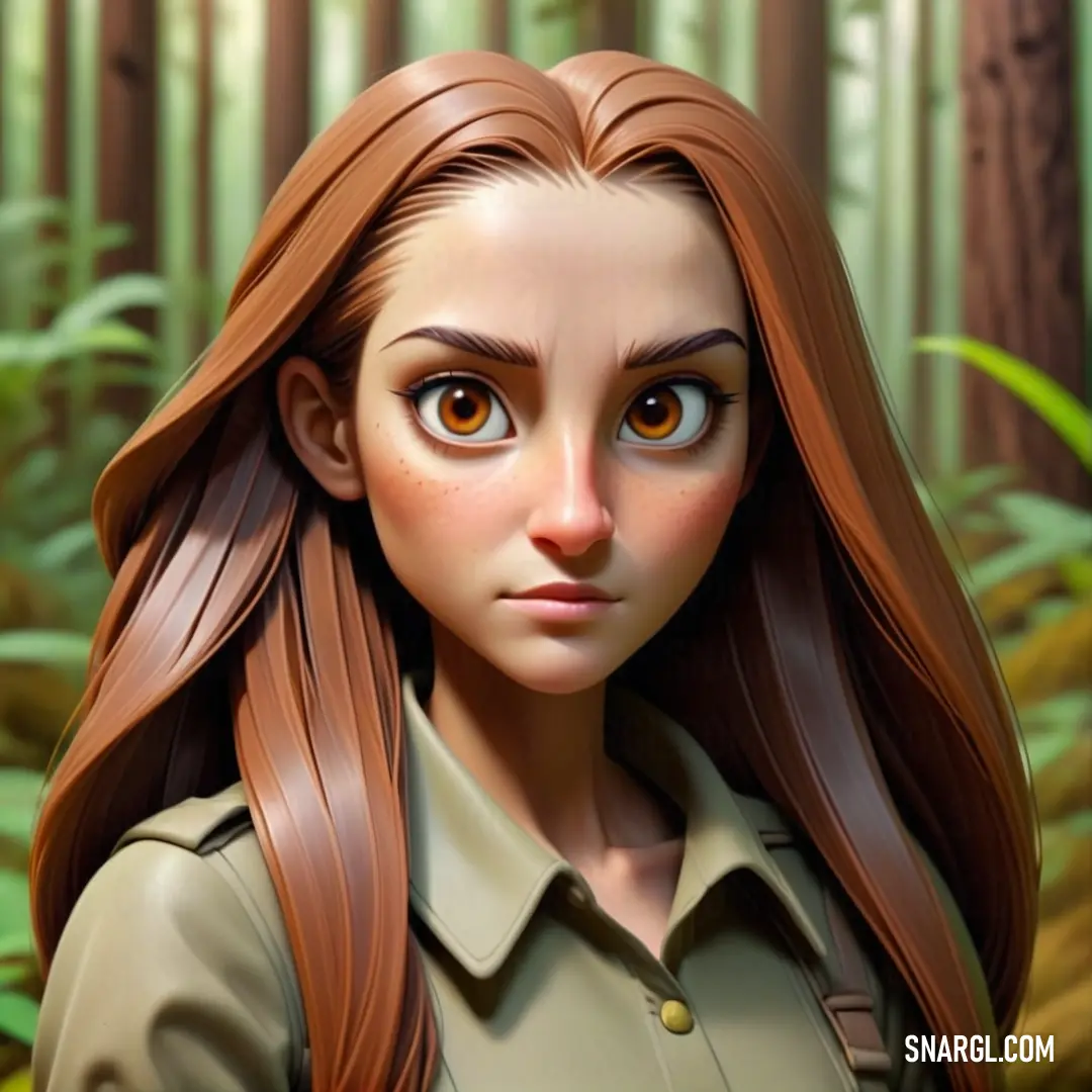 Cartoon girl with long hair and a green shirt in a forest with trees and ferns behind her is looking at the camera