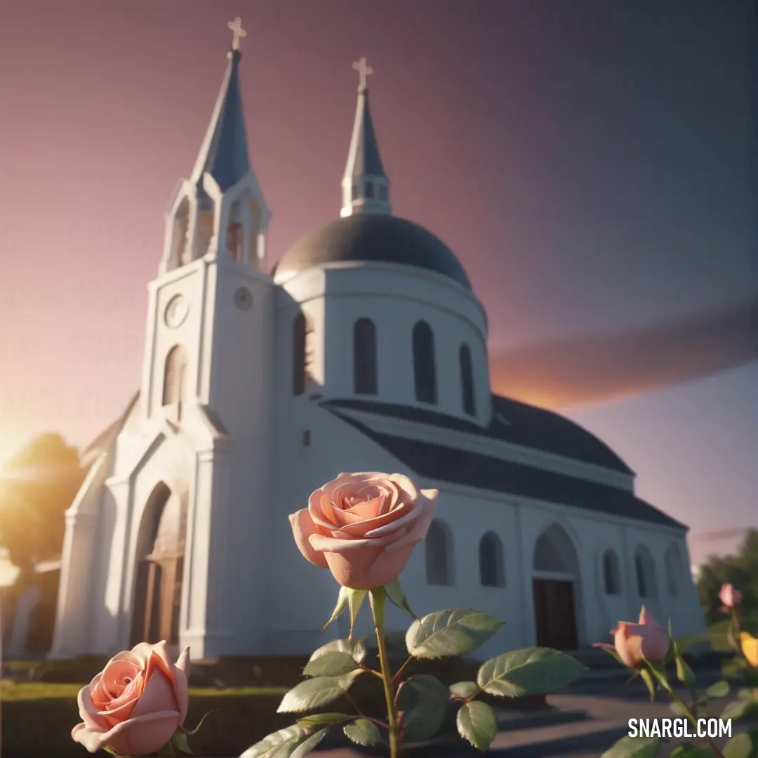 Rose is in front of a church with a steeple. Example of CMYK 24,11,24,33 color.