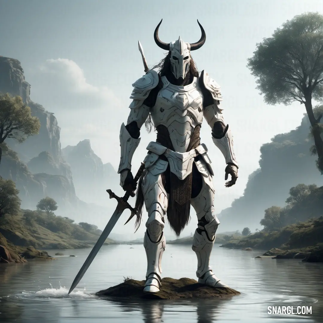 Man in a white armor holding a sword and standing on a rock in a river with mountains in the background. Example of PANTONE 7540 color.