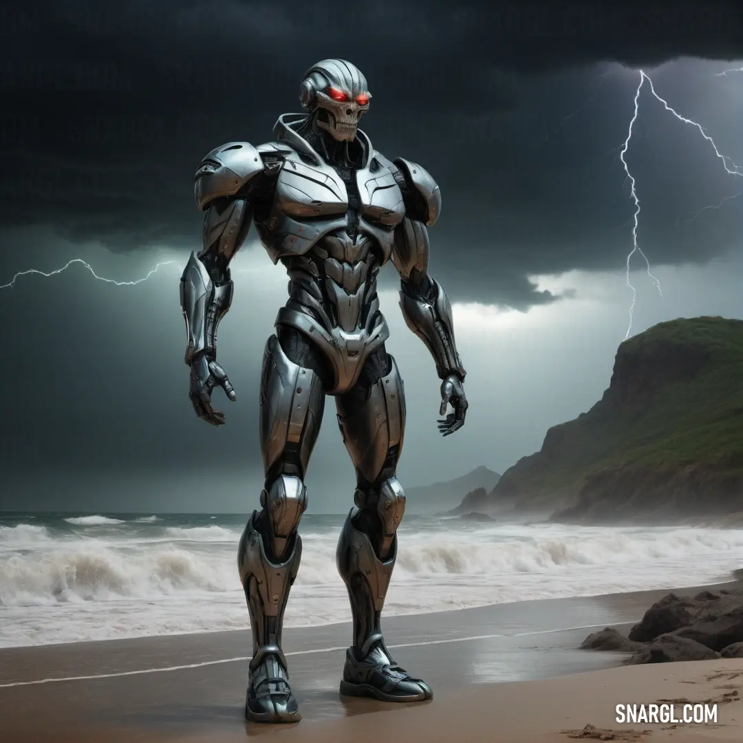 Robot standing on a beach in front of a storm with lightning in the background. Example of RGB 82,86,87 color.