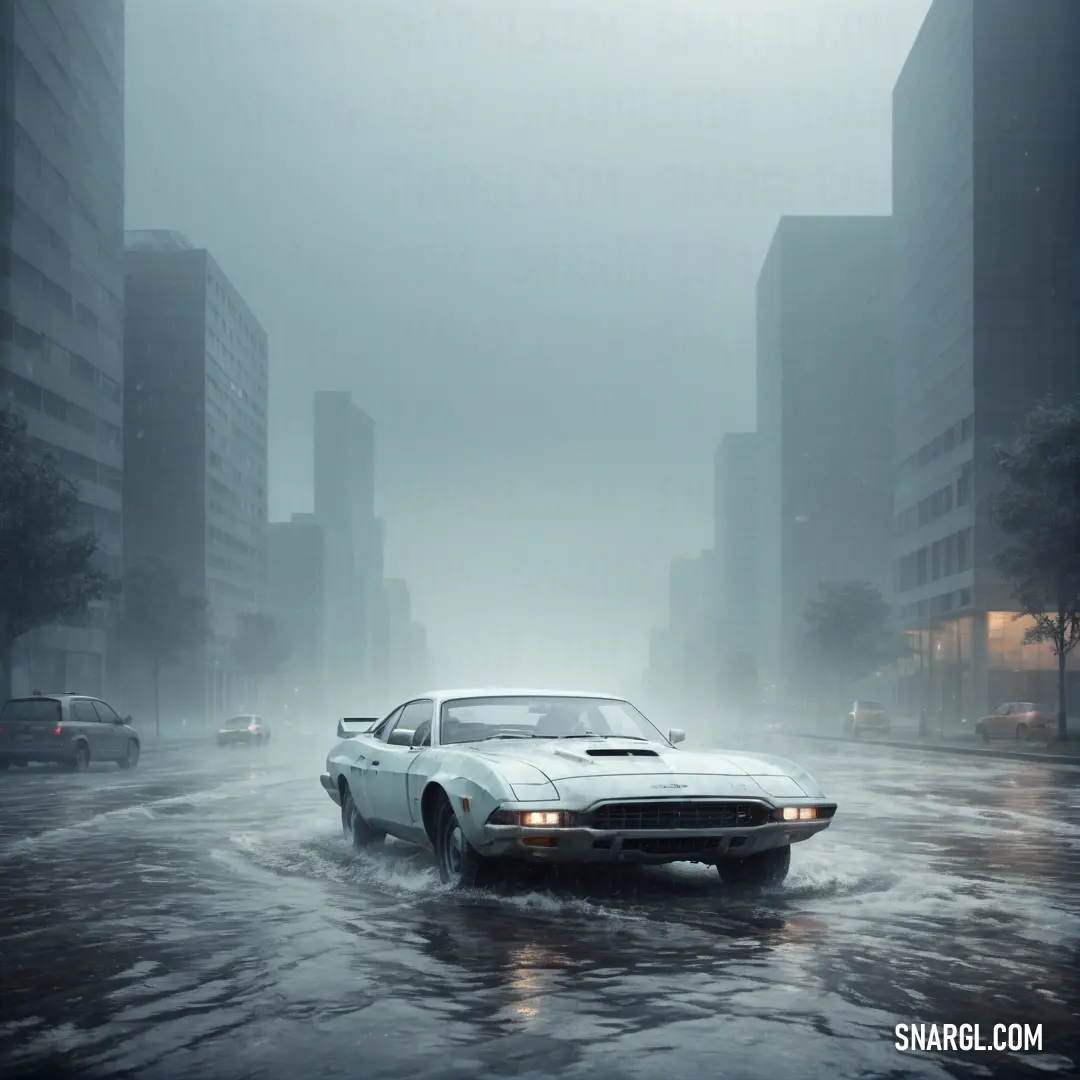 Car driving through a flooded street in a city with tall buildings in the background. Color #DCE5E4.