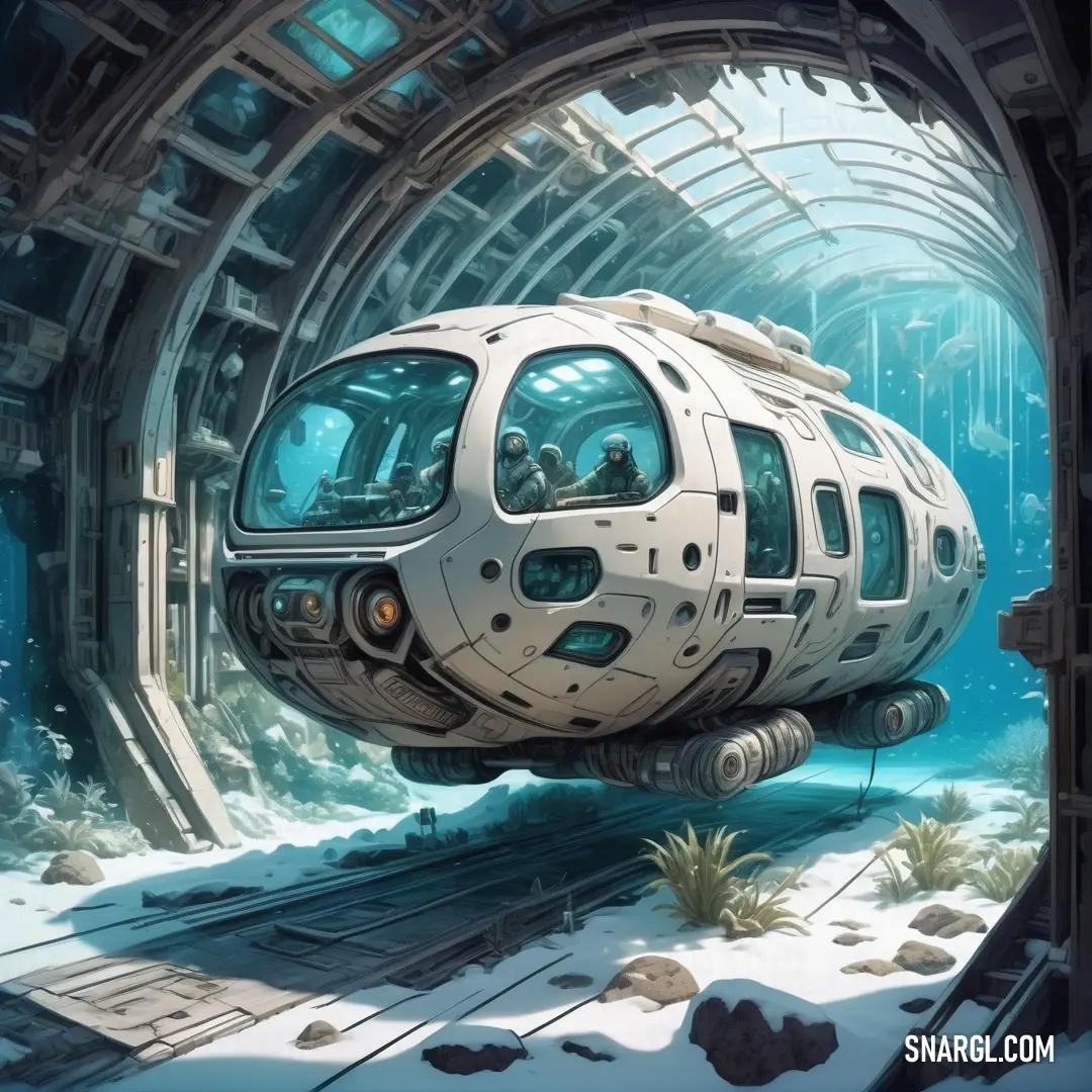 Futuristic underwater submarine floating in the ocean with a man inside it's submarine car. Example of RGB 220,229,228 color.