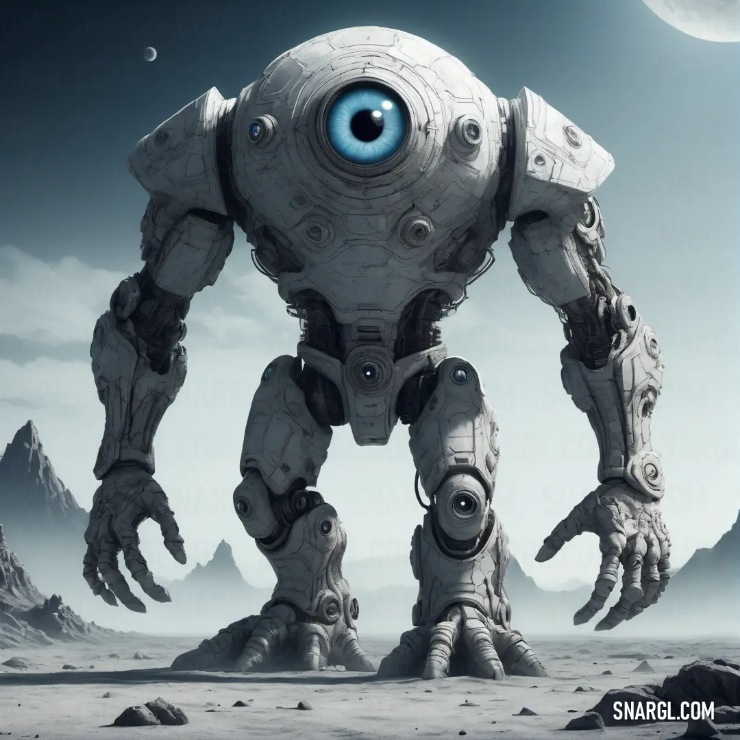 PANTONE 7541 color. Robot with a big eye standing on a desert area with rocks and a moon in the background