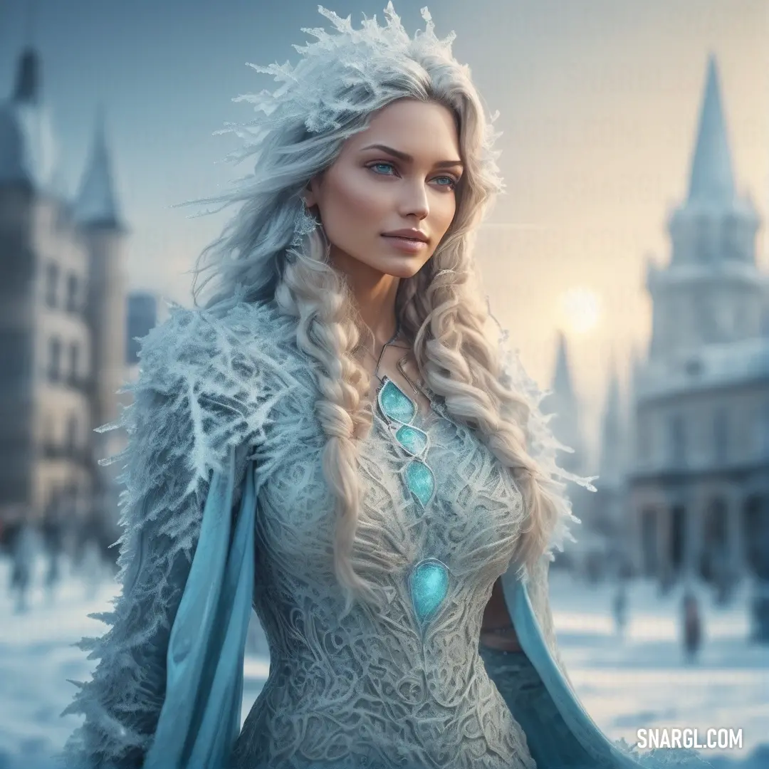 PANTONE 7541 color. Woman in a white dress and a blue cape in a snowy city with a castle in the background