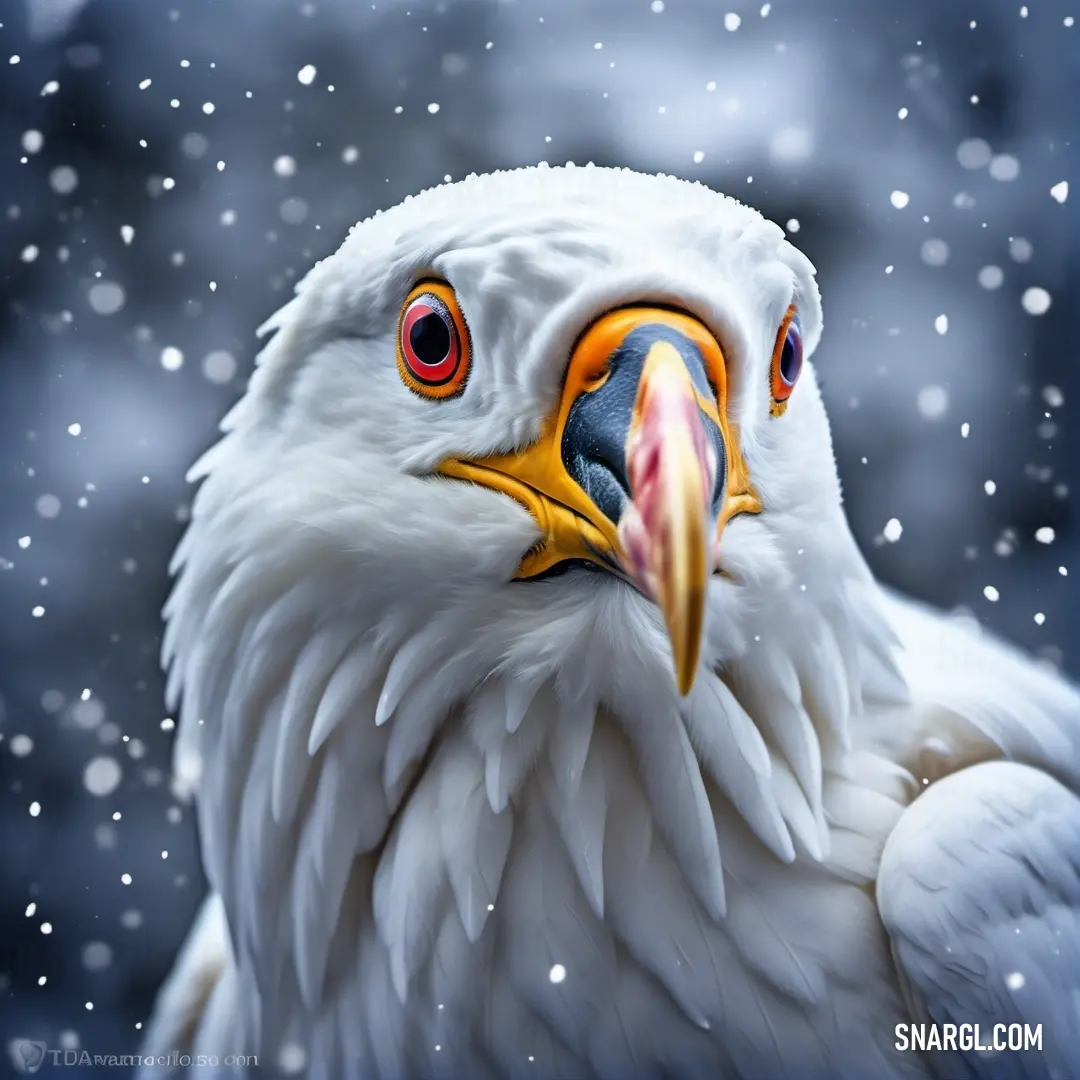 White bird with a yellow beak and red eyes in the snow with snow falling around it and snowflakes on the ground