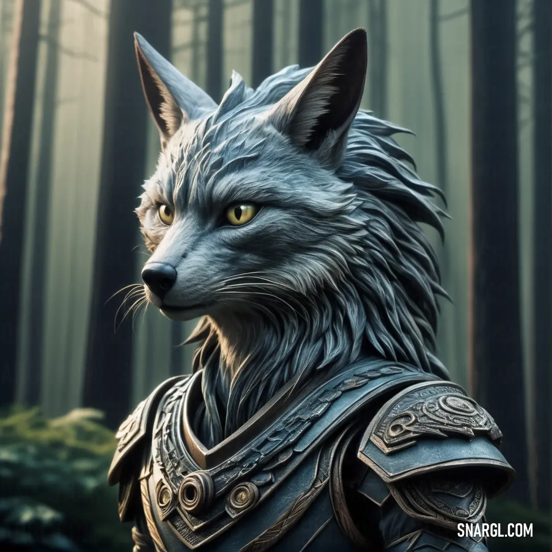 Wolf in a forest with a helmet and armor on it's head. Example of #98A5AE color.