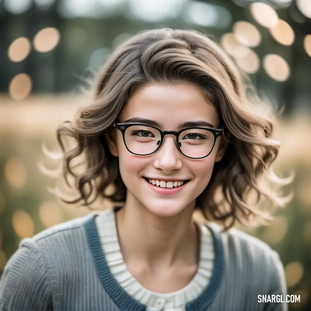 Woman with glasses smiling for a picture in a park with lights in the background. Example of #98A5AE color.