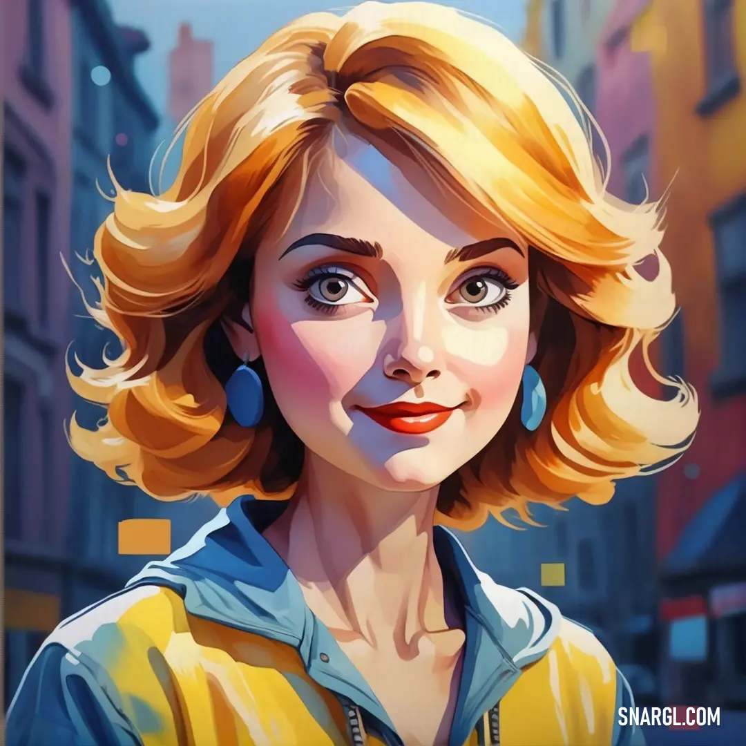Painting of a woman with blonde hair and blue eyes in a city setting with buildings. Example of #788995 color.
