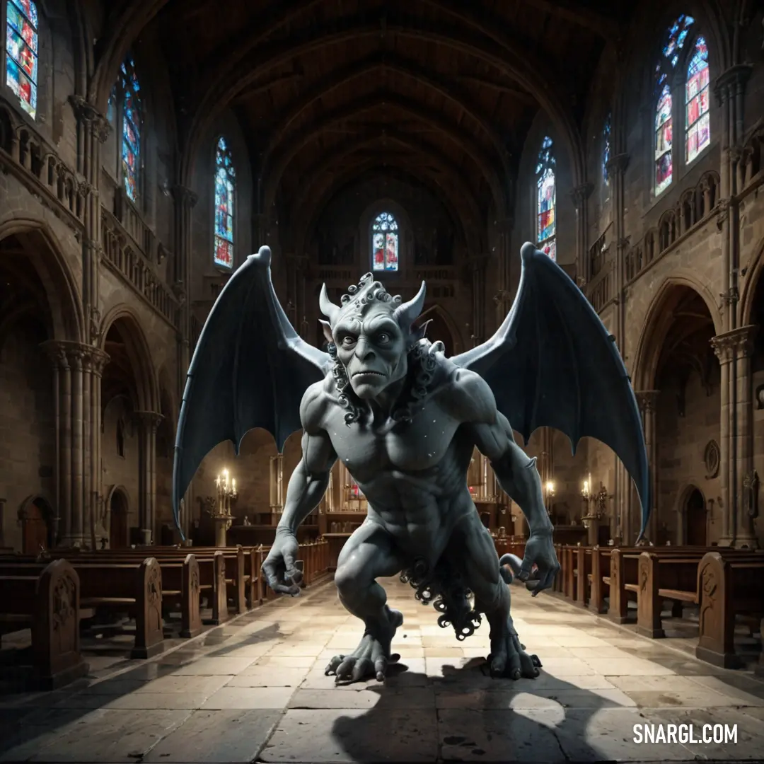 PANTONE 7544 color. Demonic looking creature in a large cathedral with stained glass windows
