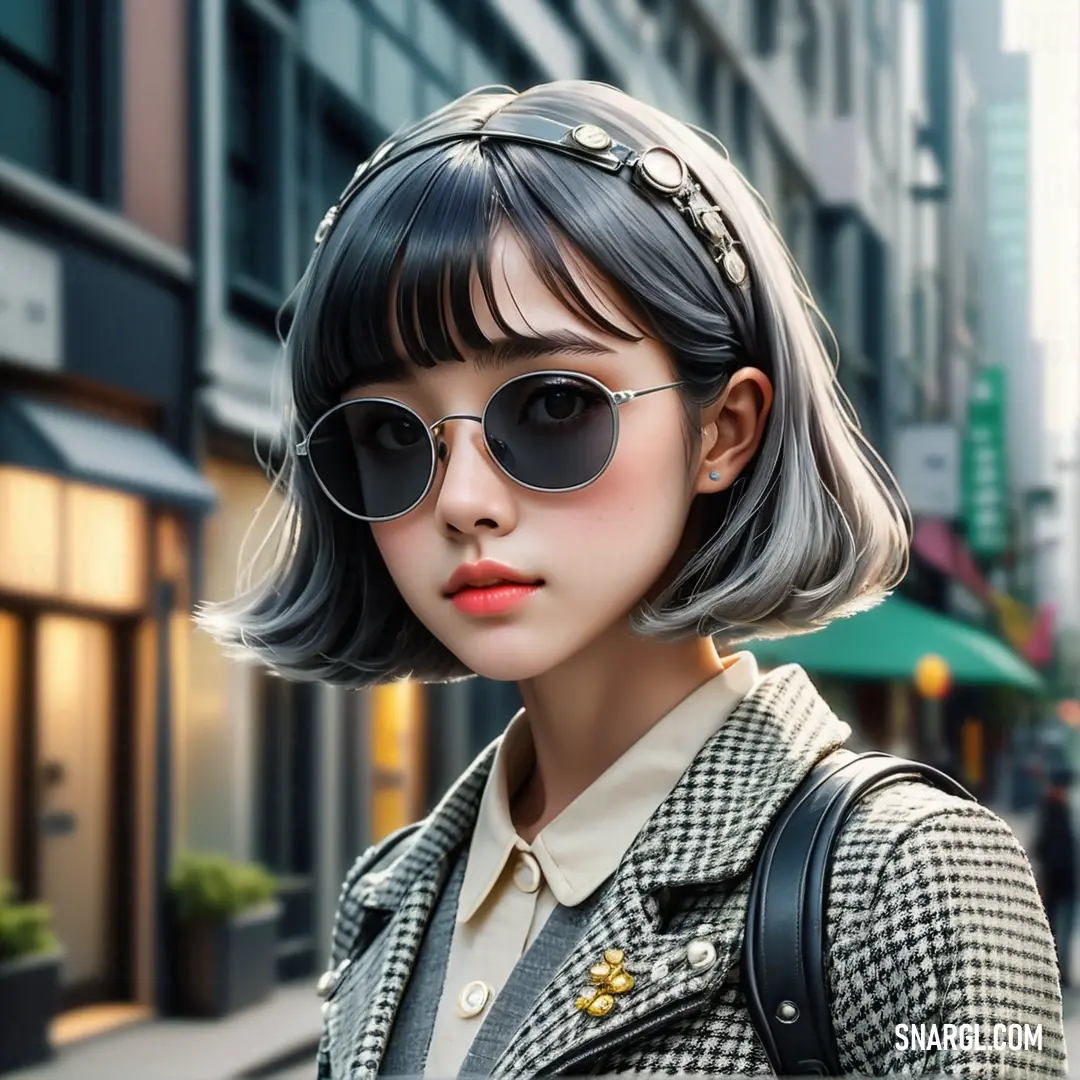 Woman with a short bobble haircut and sunglasses on a city street with buildings in the background. Example of PANTONE 7544 color.
