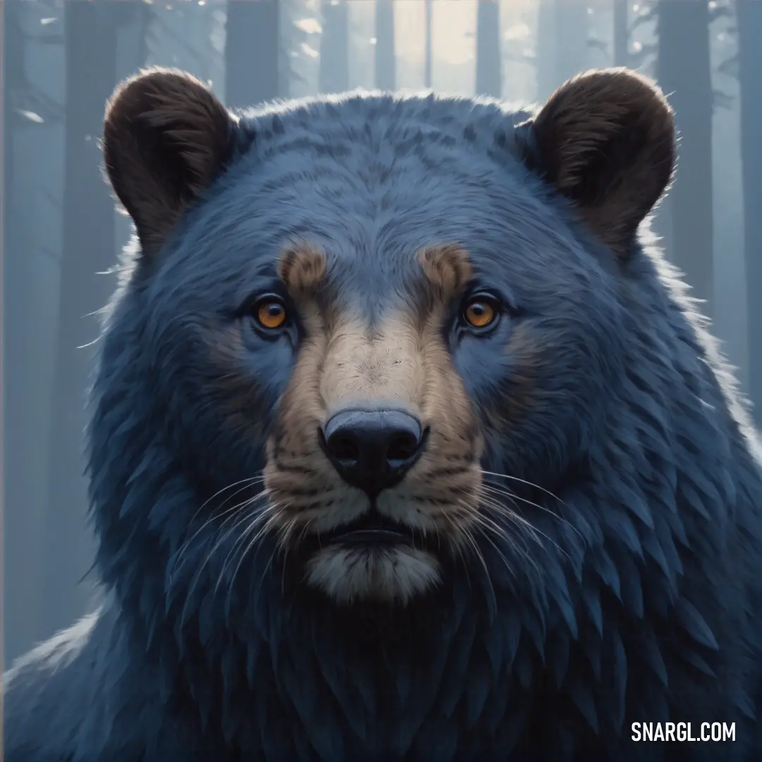 Bear with a blue coat and yellow eyes in a forest with trees and fogs in the background. Color PANTONE 7545.