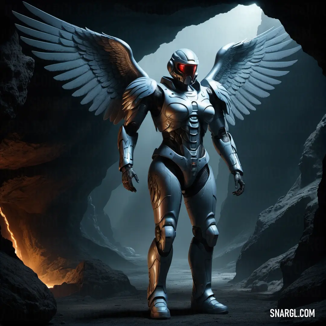 Futuristic man with wings standing in a cave with a halo on his head and a helmet on his head. Color RGB 61,82,101.