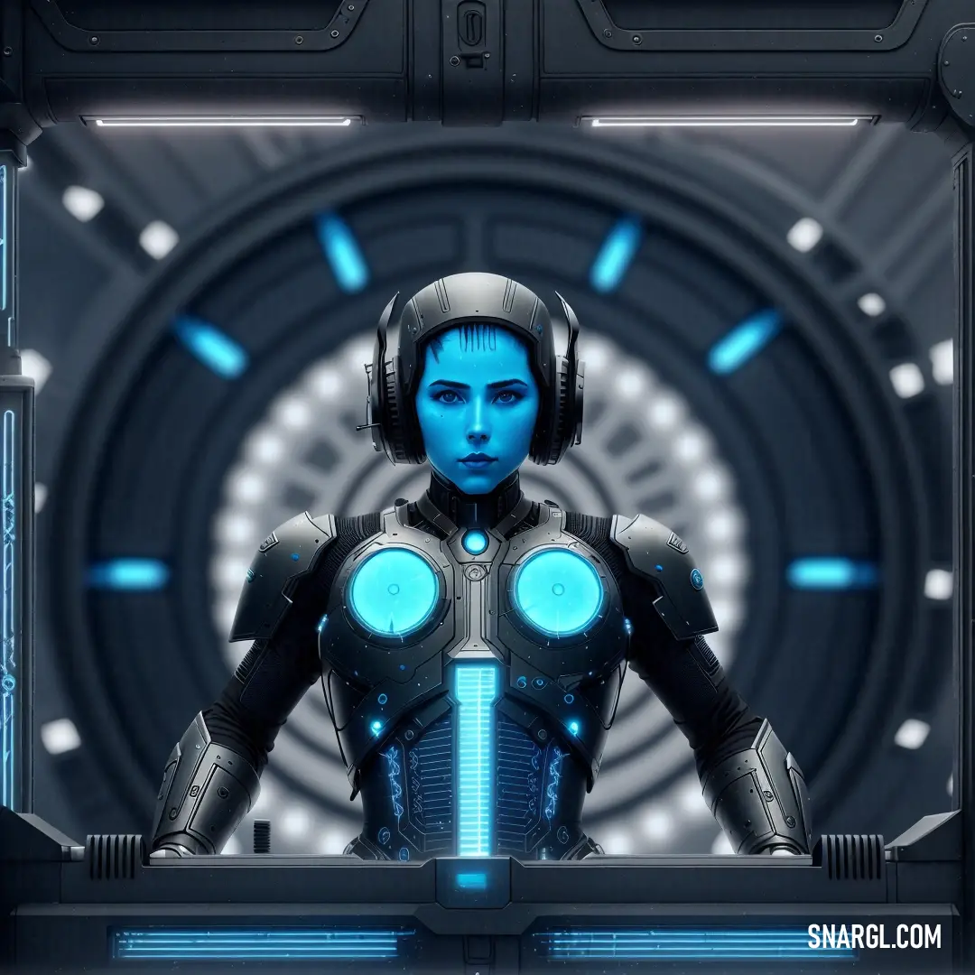 Woman in a futuristic suit with headphones on and a sci - fi, Eve Ryder. Example of #3D5265 color.