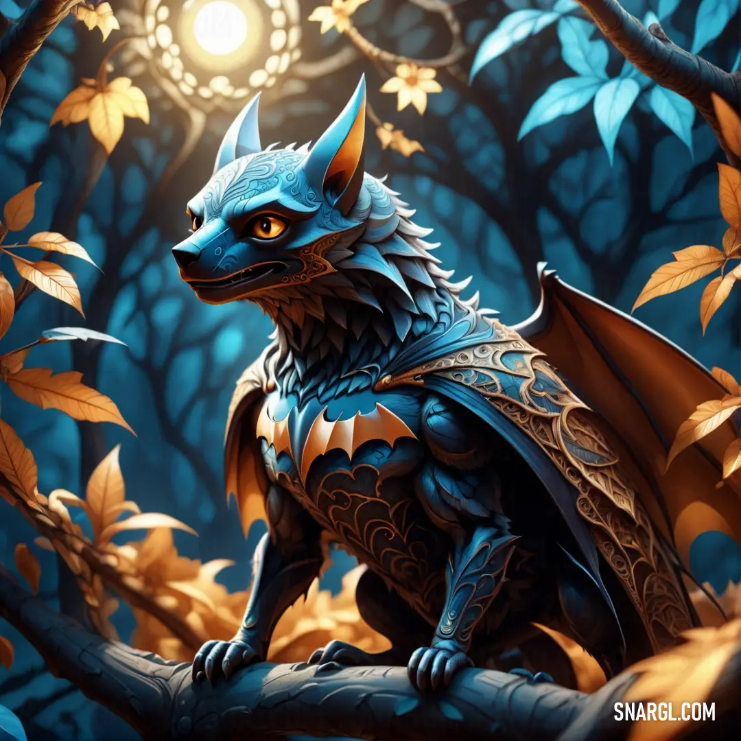 Blue dragon on a tree branch in a forest with leaves and a light shining on it's head. Example of #2C3C4C color.
